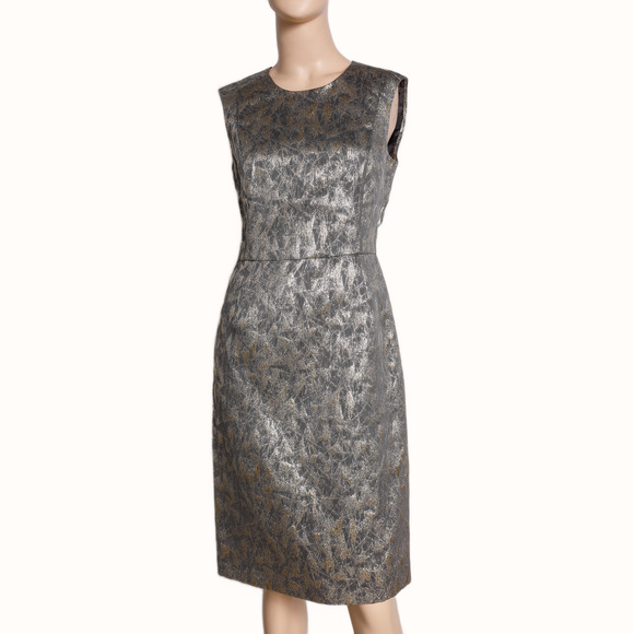 TIA CIBANI Gray and Gold Metallic Printed Sleeveless Dress - Picture 1 of 5